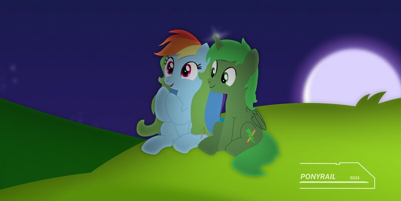 Size: 2962x1483 | Tagged: safe, artist:ponyrailartist, derpibooru import, rainbow dash, oc, oc:green thunder, alicorn, pegasus, pony, hill, image, jpeg, looking up