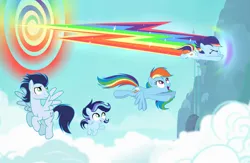 Size: 1280x834 | Tagged: safe, artist:serenasparklyt, derpibooru import, rainbow dash, soarin', oc, oc:rainbolt, oc:sky wishes, pegasus, pony, colt, explosion, family, female, filly, flying, foal, image, jpeg, male, mare, offspring, parent:rainbow dash, parent:soarin', parents:soarindash, shipping, sky, soarindash, straight