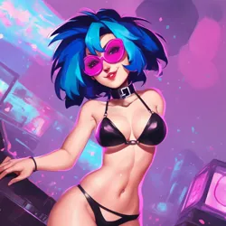 Size: 4008x4008 | Tagged: suggestive, derpibooru import, editor:vortexfury, machine learning generated, stable diffusion, vinyl scratch, human, abstract background, absurd resolution, ai content, alternate hairstyle, arm behind back, belly button, black swimsuit, bracelet, clothes, collar, female, halfbody, humanized, image, jewelry, lipstick, looking at you, piercing, png, prompter:vortexfury, smiling, solo, solo female, sunglasses, swimsuit