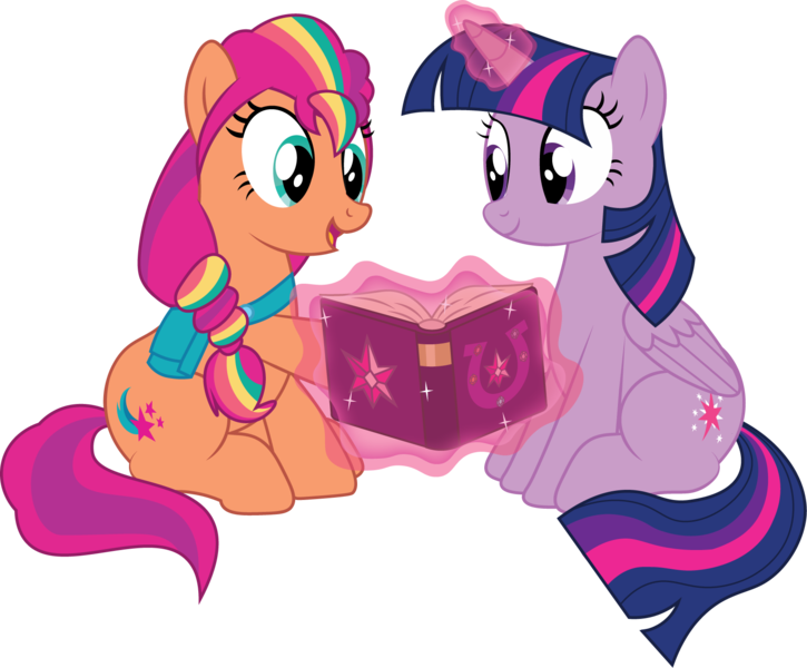 Size: 1676x1387 | Tagged: safe, artist:prixy05, derpibooru import, sunny starscout, twilight sparkle, twilight sparkle (alicorn), alicorn, earth pony, pony, g5, duo, friendship journal, g4, g5 to g4, generation leap, image, magic, png, simple background, sunny and her heroine, transparent background, vector