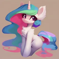 Size: 1536x1536 | Tagged: safe, derpibooru import, machine learning generated, stable diffusion, princess celestia, fluffy pony, unicorn, ai content, blue mane, ear fluff, fluffy, generator:purplesmart.ai, green mane, image, jpeg, paint, pink eyes, pink mane, prompter:saltyvity, simple background, smiling, solo