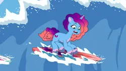 Size: 3072x1727 | Tagged: safe, derpibooru import, screencap, pony, unicorn, g5, my little pony: tell your tale, spoiler:g5, spoiler:my little pony: tell your tale, spoiler:tyts01e58, female, image, jpeg, mare, misty brightdawn, open mouth, rebirth misty, solo, sparkle school, surfboard, surfing
