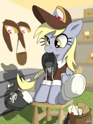 Size: 3000x4000 | Tagged: safe, artist:flaremoon, derpibooru import, derpy hooves, pegasus, pony, blushing, boots, cap, chair, clothes, frog (hoof), hat, image, letter, mailmare, mouth hold, png, post office, shoes, socks, underhoof