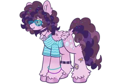 Size: 3050x2050 | Tagged: safe, artist:mxmx fw, derpibooru import, oc, oc:stripe, unofficial characters only, pegasus, pony, clothes, collar, curl, curly hair, disguise, disguised siren, dyed mane, fangs, folded wings, glasses, image, png, redesign, simple background, solo, sticker, transparent background, two toned mane, unshorn fetlocks, wings