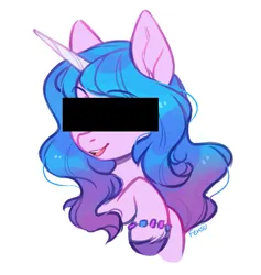 Size: 1667x1756 | Tagged: safe, artist:fensu-san, artist:protocat, derpibooru import, edit, editor:protocat, izzy moonbow, pony, unicorn, g5, bracelet, bust, censor bar, censored, cute, female, image, izzybetes, jewelry, looking at you, mare, open mouth, open smile, png, portrait, raised hoof, signature, simple background, smiling, solo, unknown pony, unshorn fetlocks, white background