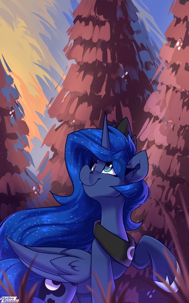 Size: 1650x2650 | Tagged: safe, artist:shadowreindeer, derpibooru import, princess luna, alicorn, forest, forest background, image, jpeg, solo, tree