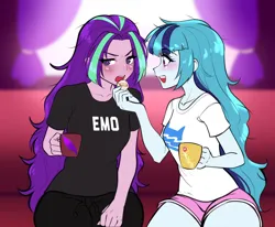 Size: 1700x1400 | Tagged: safe, artist:rileyav, edit, ponerpics import, ponybooru import, aria blaze, sonata dusk, human, equestria girls, arisona, bed hair, blushing, clothes, commission, cup, duo, duo female, feeding, female, image, jpeg, lesbian, looking away, loose hair, meme, open mouth, open smile, shipping, shirt, smiling, teacup, tsundere