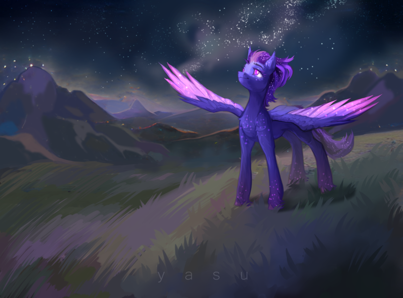 Size: 6576x4868 | Tagged: safe, artist:yasu, derpibooru import, oc, oc:shadow galaxy, unofficial characters only, pegasus, pony, absurd resolution, commission, detailed background, ethereal mane, female, grass, grass field, hooves, image, mare, mountain, mountain range, night, pegasus oc, png, smiling, solo, spread wings, starry mane, starry tail, stars, tail, wings