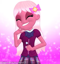 Size: 1421x1515 | Tagged: safe, artist:rainbowstarcolour262, derpibooru import, oc, oc:taffycoat, unofficial characters only, human, equestria girls, bow, bowtie, clothes, crystal prep academy uniform, cute, cutie mark accessory, eyes closed, eyeshadow, female, gradient background, gritted teeth, hair bow, hand on chin, image, long hair, makeup, particles, plaid skirt, pleated skirt, png, school uniform, shirt, signature, skirt, smiling, solo, teeth