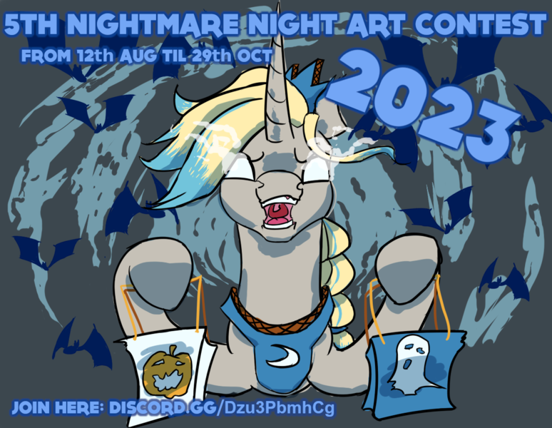 Size: 1167x905 | Tagged: safe, artist:firelorda2, oc, oc:orenda azure, unofficial characters only, bat, pony, unicorn, bag, candy bag, contest, discord (program), glow, glowing eyes, hoof hold, image, link in description, nightmare night, png, sombra eyes