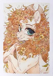 Size: 2772x3929 | Tagged: safe, artist:glastalinka, derpibooru import, pear butter, earth pony, pony, curly hair, curly mane, cute, eyebrows, eyelashes, female, flower, flower in hair, hat, image, ink drawing, leaves, leaves in hair, lineart, looking at you, mare, pearabetes, pencil drawing, png, smiling, smiling at you, solo, traditional art, watercolor painting