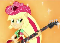 Size: 1003x720 | Tagged: safe, derpibooru import, screencap, applejack, human, equestria girls, rainbow rocks, female, grin, guitar, hat, heavy metal, image, jpeg, magic, musical instrument, rainbow power, rock n roll, smiling, solo