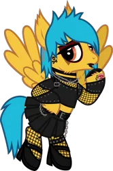 Size: 928x1394 | Tagged: safe, artist:lightningbolt, derpibooru import, ponified, pegasus, pony, .svg available, alex gaskarth, all time low, belt, buckle, chains, cheek fluff, choker, clothes, crossdressing, derpibooru exclusive, dyed mane, dyed tail, ear fluff, ear piercing, earring, eyeliner, eyeshadow, fishnets, flying, hair over one eye, high heels, hoof fluff, hoof on hip, hoof polish, image, jewelry, leg band, lidded eyes, lipstick, looking at you, makeup, male, mascara, midriff, necklace, piercing, png, raised hoof, shirt, shoes, short shirt, show accurate, skirt, solo, spread wings, stallion, tail, tail feathers, tattoo, vector, wing fluff, wings