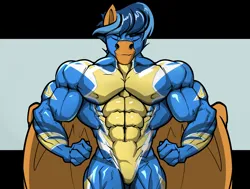 Size: 1800x1360 | Tagged: safe, artist:rizzyofen, derpibooru import, oc, oc:lightning rider, anthro, pegasus, pony, abs, anthro oc, biceps, clothes, flexing, image, male, muscles, muscular male, pecs, pegasus oc, png, stallion, uniform, wings, wonderbolts, wonderbolts uniform