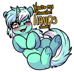 Size: 1797x1761 | Tagged: safe, artist:sexygoatgod, derpibooru import, lyra heartstrings, pony, unicorn, belly button, blushing, cute, cute little fangs, fangs, female, frog (hoof), hand, heart, heart eyes, image, looking at you, lyrabetes, one eye closed, open mouth, open smile, png, simple background, smiling, smiling at you, solo, that pony sure does love hands, transparent background, underhoof, wingding eyes, wink, winking at you