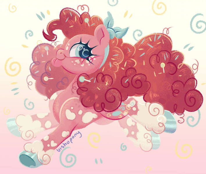 Size: 972x822 | Tagged: safe, artist:bishopony, pinkie pie, earth pony, pony, alternate design, coat markings, colored hooves, female, food, image, jpeg, mare, pink background, redesign, simple background, solo, sprinkles, tongue out, twitterina design, unshorn fetlocks