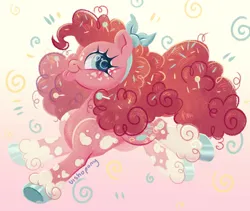 Size: 972x822 | Tagged: safe, artist:bishopony, pinkie pie, earth pony, pony, alternate design, coat markings, colored hooves, female, food, image, jpeg, mare, pink background, redesign, simple background, solo, sprinkles, tongue out, twitterina design, unshorn fetlocks