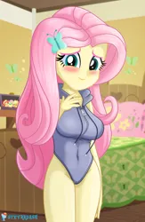 Size: 1050x1615 | Tagged: suggestive, artist:steyrrdash, derpibooru import, fluttershy, equestria girls, belly button, blushing, breasts, busty fluttershy, cameltoe, cute, fluttershy's bedroom, hairclip, image, jpeg, legs, looking at you, midriff, shyabetes, smiling, solo, strings, zipper