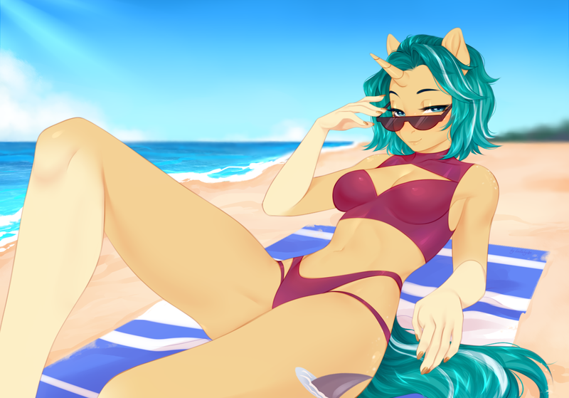 Size: 1500x1049 | Tagged: safe, artist:bylullabysoft, derpibooru import, oc, oc:depth chaser, anthro, unicorn, abs, beach, breasts, cleavage, clothes, coat markings, eyebrows, eyelashes, futa, hips, horn, image, intersex, looking at you, lying down, narrowed eyes, on back, png, sand, short hair, socks (coat marking), solo, sunglasses, swimsuit, thighs, towel, two-piece swimsuit, unicorn horn, waist, water