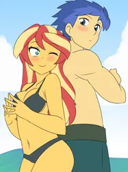 Size: 1280x1714 | Tagged: safe, artist:studiodraw, derpibooru import, flash sentry, sunset shimmer, equestria girls, beach, blushing, clothes, female, flashimmer, image, jpeg, male, shipping, straight, swimsuit