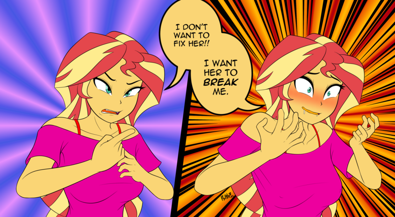 Size: 4000x2200 | Tagged: suggestive, artist:darkritual3, artist:pshyzomancer, color edit, derpibooru import, edit, editor:darkritual3, sunset shimmer, human, equestria girls, blushing, breasts, colored, dialogue, erect nipples, humanized, image, lineart, monochrome, nipple outline, png, pointing, red bra, solo, text