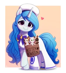 Size: 1800x2000 | Tagged: safe, artist:luminousdazzle, derpibooru import, oc, oc:marjetzty, unofficial characters only, cat, pony, unicorn, bowtie, clothes, dress, female, gondolier, hat, heart, image, kitten, looking at you, mare, not izzy moonbow, png, purple eyes, raised hoof, sailor uniform, simple background, smiling, smiling at you, solo, solo female, uniform