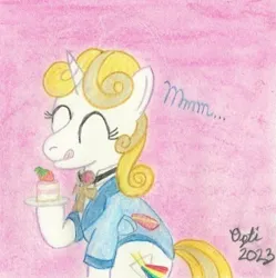 Size: 587x590 | Tagged: safe, artist:opti, derpibooru import, oc, oc:guiding light, unofficial characters only, pony, unicorn, birthday, cake, female, food, image, jpeg, pink background, simple background, solo, strawberry, tongue out, traditional art