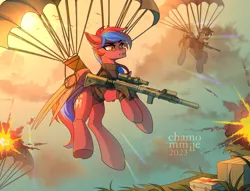 Size: 3139x2400 | Tagged: safe, artist:chamommile, derpibooru import, oc, unofficial characters only, original species, pegasus, pony, ammunition, angry, armor, assault, clothes, cloud, commission, ear fluff, female, fight, floppy ears, flying, full body, gun, image, looking at each other, looking at someone, military, military uniform, open mouth, parachute, pegasus oc, png, red hair, red mane, red skin, rifle, serious, serious face, sky, sniper, sniper rifle, solo, sunset, uniform, weapon, wings, ych result, yellow eyes