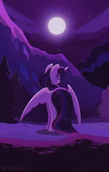 Size: 1280x2031 | Tagged: safe, artist:askometa, derpibooru import, twilight sparkle, twilight sparkle (alicorn), alicorn, pony, facing away, female, image, mare, moon, mountain, night, png, solo, spread wings, wings