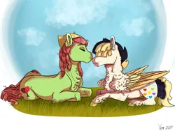 Size: 828x621 | Tagged: safe, artist:venommocity, songbird serenade, tree hugger, earth pony, pegasus, pony, my little pony: the movie, couple, female, folded wings, image, jpeg, kissing, lesbian, lying down, mare, nose kiss, shipping, songhugger, wings