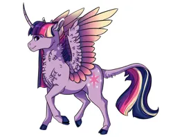 Size: 828x655 | Tagged: safe, artist:venommocity, twilight sparkle, twilight sparkle (alicorn), alicorn, pony, alternate design, bio in description, colored hooves, colored wings, curved horn, female, gradient wings, headcanon in the description, horn, image, jpeg, leonine tail, mare, simple background, solo, white background, wings