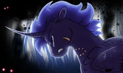 Size: 828x495 | Tagged: safe, artist:venommocity, oc, oc:panther, unofficial characters only, alicorn, pony, alicorn oc, crying, curved horn, horn, image, jpeg, male, next generation, parent:king sombra, parent:princess luna, scar, solo, stallion, story included, wings