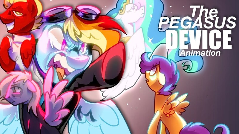 Size: 1280x720 | Tagged: semi-grimdark, artist:material.girl.sinclair, derpibooru import, princess celestia, rainbow dash, scootaloo, oc, oc:dr. atmosphere, unnamed oc, pegasus, pony, fanfic:rainbow factory, blood, fanfic art, goggles, group, image, jpeg, pegasus device, rainbow factory dash, youtube thumbnail