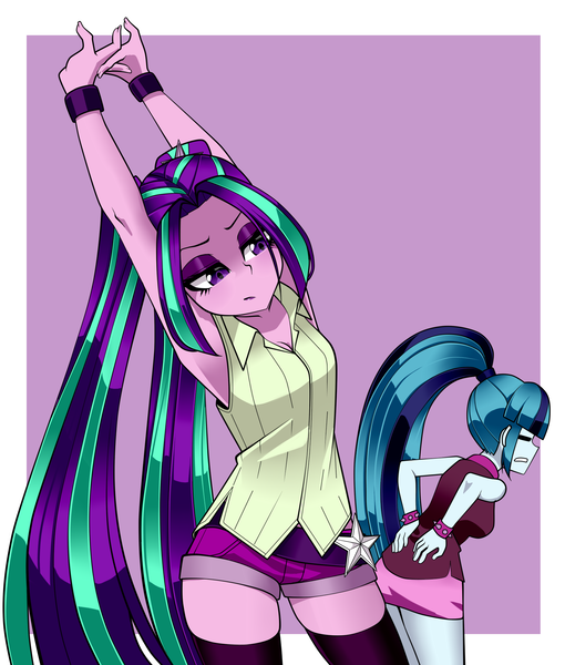 Size: 1700x2000 | Tagged: safe, artist:nekojackun, derpibooru import, aria blaze, sonata dusk, human, equestria girls, armpits, belt, bracelet, clothes, duo, duo female, eyes closed, eyeshadow, female, gritted teeth, image, makeup, png, shirt, shorts, skirt, sleeveless, socks, spiked wristband, stockings, stretching, teeth, thigh highs, thigh socks, wristband