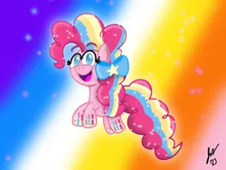 Size: 2160x1620 | Tagged: safe, artist:jesslmc16, derpibooru import, pinkie pie, earth pony, pony, friendship is magic, balloon, bow, digital art, female, floating, full body, g4, hair bow, image, looking at you, mare, png, procreate app, rainbow, rainbow power, signature, smiling, smiling at you, sparkles, striped mane, striped tail, stripes, tail