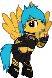 Size: 928x1394 | Tagged: safe, alternate version, artist:lightningbolt, derpibooru import, ponified, pegasus, pony, .svg available, alex gaskarth, all time low, belt, buckle, chains, cheek fluff, choker, clothes, crossdressing, derpibooru exclusive, dyed mane, dyed tail, ear fluff, ear piercing, earring, fishnets, flying, hair over one eye, high heels, hoof fluff, hoof on hip, image, jewelry, leg band, lidded eyes, looking at you, male, midriff, necklace, piercing, png, raised hoof, shirt, shoes, short shirt, show accurate, skirt, solo, spread wings, stallion, tail, tail feathers, tattoo, vector, wing fluff, wings
