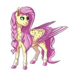 Size: 827x812 | Tagged: safe, artist:venommocity, fluttershy, pegasus, pony, alternate design, alternate hairstyle, bio in description, braid, colored hooves, colored wings, eyeshadow, female, headcanon in the description, image, jpeg, makeup, mare, simple background, solo, standing, white background, wings