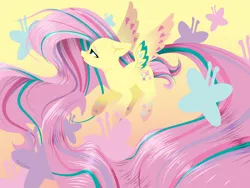 Size: 2048x1536 | Tagged: safe, artist:pyrelynx, derpibooru import, fluttershy, butterfly, insect, pegasus, pony, female, floppy ears, gradient background, image, impossibly long hair, impossibly long tail, mare, png, rainbow power, solo, spread wings, tail, wings