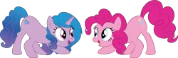 Size: 2394x786 | Tagged: safe, artist:prixy05, derpibooru import, izzy moonbow, pinkie pie, earth pony, pony, unicorn, g5, crouching, duo, g4, g5 to g4, generation leap, image, izzy and her heroine, png, simple background, transparent background, vector