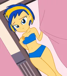 Size: 1912x2176 | Tagged: safe, artist:mlpfan3991, derpibooru import, oc, oc:flare spark, unofficial characters only, human, equestria girls, bed, belly button, bikini, bikini bottom, bikini top, blanket, clothes, female, image, png, sexy, swimsuit