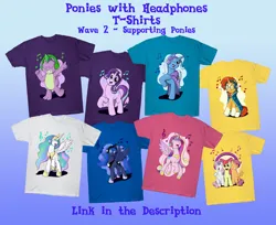 Size: 2016x1646 | Tagged: safe, artist:passionpanther, derpibooru import, apple bloom, princess cadance, princess celestia, princess luna, scootaloo, spike, sunburst, sweetie belle, trixie, alicorn, dragon, pony, unicorn, series:ponies with headphones, advertisement, clothes, cutie mark crusaders, design, image, png, shirt, shirt design, starl