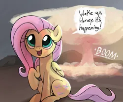 Size: 1577x1315 | Tagged: safe, artist:dotkwa, derpibooru import, fluttershy, pegasus, pony, cool guys don't look at explosions, cute, dialogue, female, happy, image, mare, mushroom cloud, nuclear explosion, offscreen character, open mouth, open smile, oppenheimer, png, raised hoof, shyabetes, sitting, smiling, solo, speech bubble