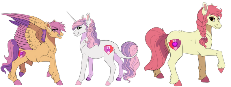 Size: 827x314 | Tagged: safe, artist:venommocity, apple bloom, scootaloo, sweetie belle, earth pony, pegasus, pony, unicorn, alternate hairstyle, braid, colored hooves, colored wings, cutie mark crusaders, eyes visible through hair, female, headcanon in the description, height difference, image, leonine tail, mare, older, older apple bloom, older cmc, older scootaloo, older sweetie belle, png, raised hoof, simple background, standing, transparent background, trio, trio female, wings