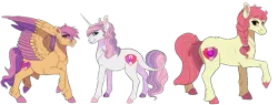 Size: 827x314 | Tagged: safe, artist:venommocity, apple bloom, scootaloo, sweetie belle, earth pony, pegasus, pony, unicorn, alternate hairstyle, braid, colored hooves, colored wings, cutie mark crusaders, eyes visible through hair, female, headcanon in the description, height difference, image, leonine tail, mare, older, older apple bloom, older cmc, older scootaloo, older sweetie belle, png, raised hoof, simple background, standing, transparent background, trio, trio female, wings