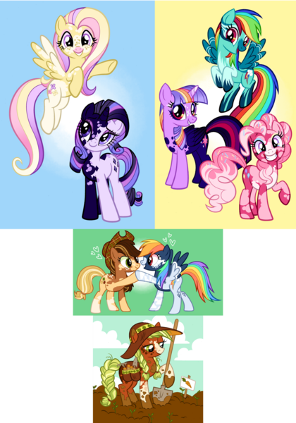 Size: 828x1183 | Tagged: safe, artist:fizzmitz, derpibooru import, applejack, fluttershy, pinkie pie, rainbow dash, rarity, twilight sparkle, twilight sparkle (alicorn), alicorn, earth pony, pegasus, pony, unicorn, alternate design, coat markings, colored, dirty, female, hat, hoofbump, image, mane six, mare, png, shovel, simple background, sun hat, transparent background, twitterina design