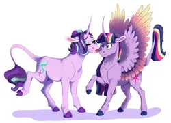 Size: 828x595 | Tagged: safe, artist:venommocity, starlight glimmer, twilight sparkle, alicorn, pony, unicorn, alternate hairstyle, alternate universe, cloven hooves, colored hooves, colored wings, female, gradient wings, image, jpeg, leonine tail, lesbian, licking, mare, shipping, simple background, spread wings, surprised, tongue out, twistarlight, white background, wings