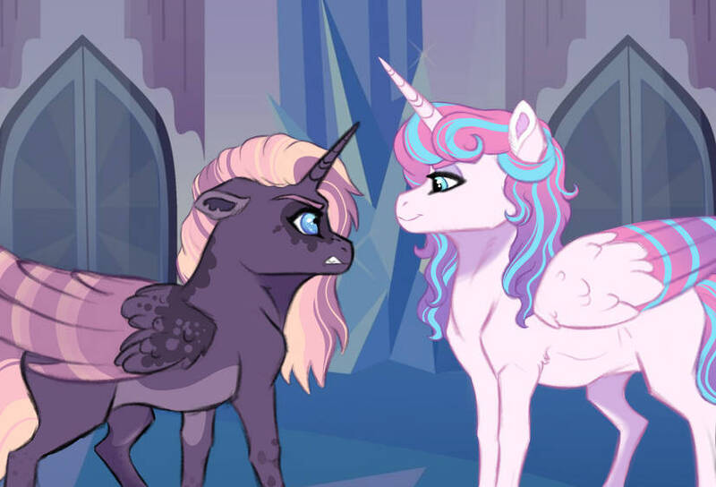 Size: 827x562 | Tagged: safe, artist:venommocity, princess flurry heart, oc, oc:cassiopeia, alicorn, pony, alicorn oc, alternate hairstyle, bully, bullying, coat markings, colored wings, cousins, female, folded wings, horn, image, jpeg, looking at each other, magical lesbian spawn, mare, multicolored wings, offspring, parent:tempest shadow, parent:twilight sparkle, parents:tempestlight, rivalry, story included, wings
