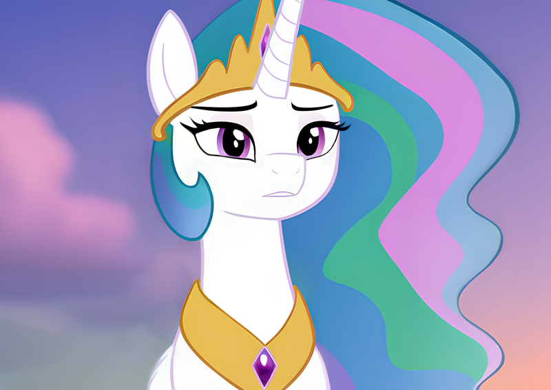 Size: 1689x1196 | Tagged: safe, artist:dovakkins, derpibooru import, machine learning assisted, princess celestia, alicorn, pony, ai content, beautiful, bust, cloud, cloudy, derpibooru exclusive, female, generator:pony diffusion v5, horn, image, jewelry, long mane, mare, peytral, png, regalia, show accurate, sky, solo, sunset, wavy mane