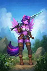 Size: 1333x2000 | Tagged: safe, artist:asimos, derpibooru import, twilight sparkle, twilight sparkle (alicorn), alicorn, anthro, boots, breasts, busty twilight sparkle, clothes, fantasy, greatsword, image, jpeg, mountain, outdoors, shoes, spread wings, thighs, warrior twilight sparkle, wings