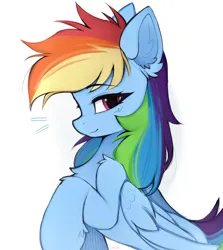 Size: 1140x1280 | Tagged: safe, artist:lerkfruitbat, derpibooru import, rainbow dash, pegasus, pony, chest fluff, cute, dashabetes, ear fluff, eyebrows, eyebrows visible through hair, female, folded wings, image, jpeg, looking at you, mare, raised hoof, signature, simple background, smiling, smiling at you, solo, white background, wings